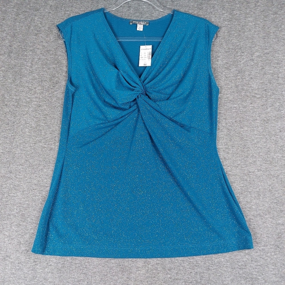 ROZ & ALI DRESS BARN WOMENS Y2K TEAL BLUE GLITTER TWIST FRONT VNECK KNOT TOP M